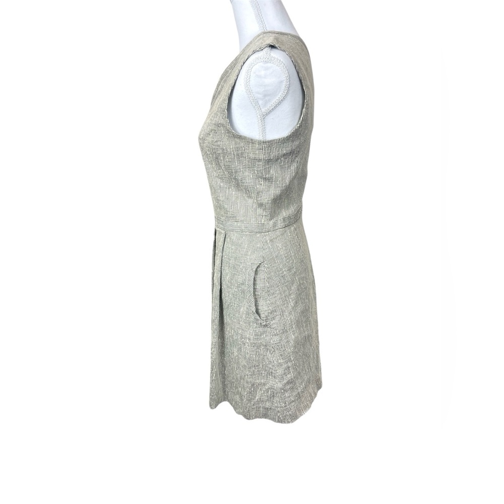 Theory Textured Linen Silk V Neck Fit and Flare Mini Dress Stripe Cream sz 6 - Picture 4 of 9